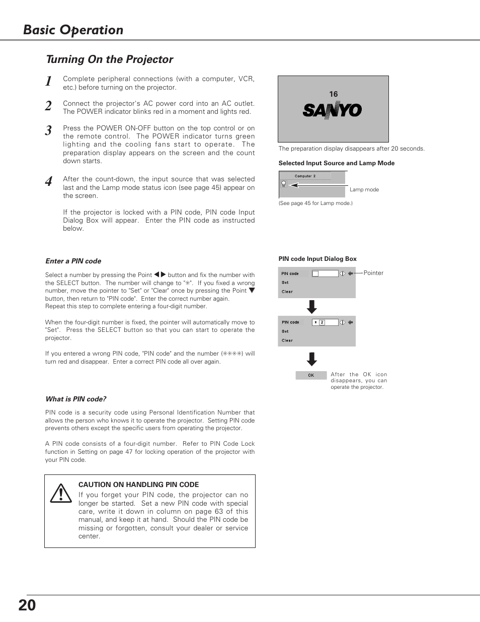 Basic operation, Turning on the projector | Sanyo PLC-SU51 User Manual | Page 20 / 64