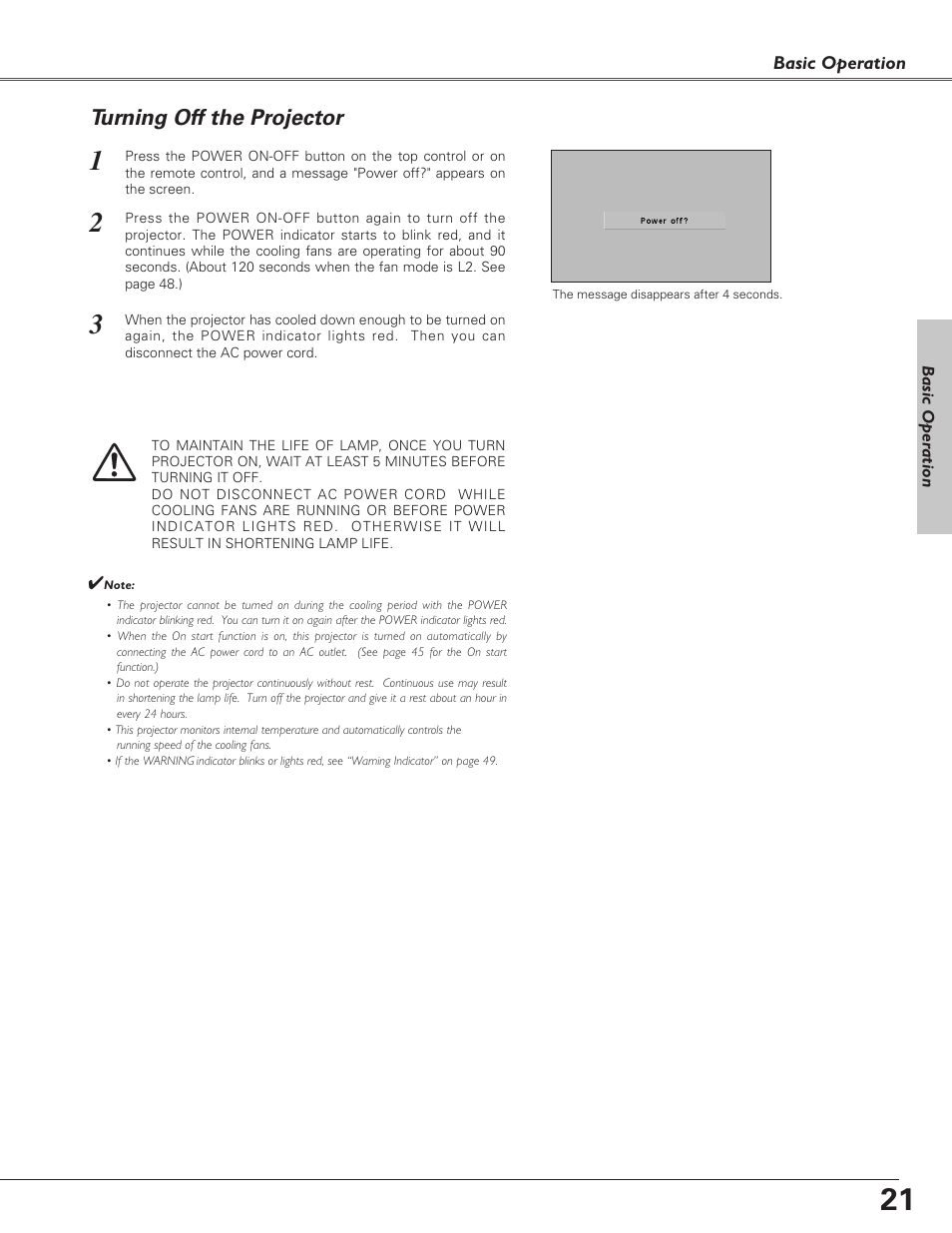 Turning off the projector | Sanyo PLC-SU51 User Manual | Page 21 / 64