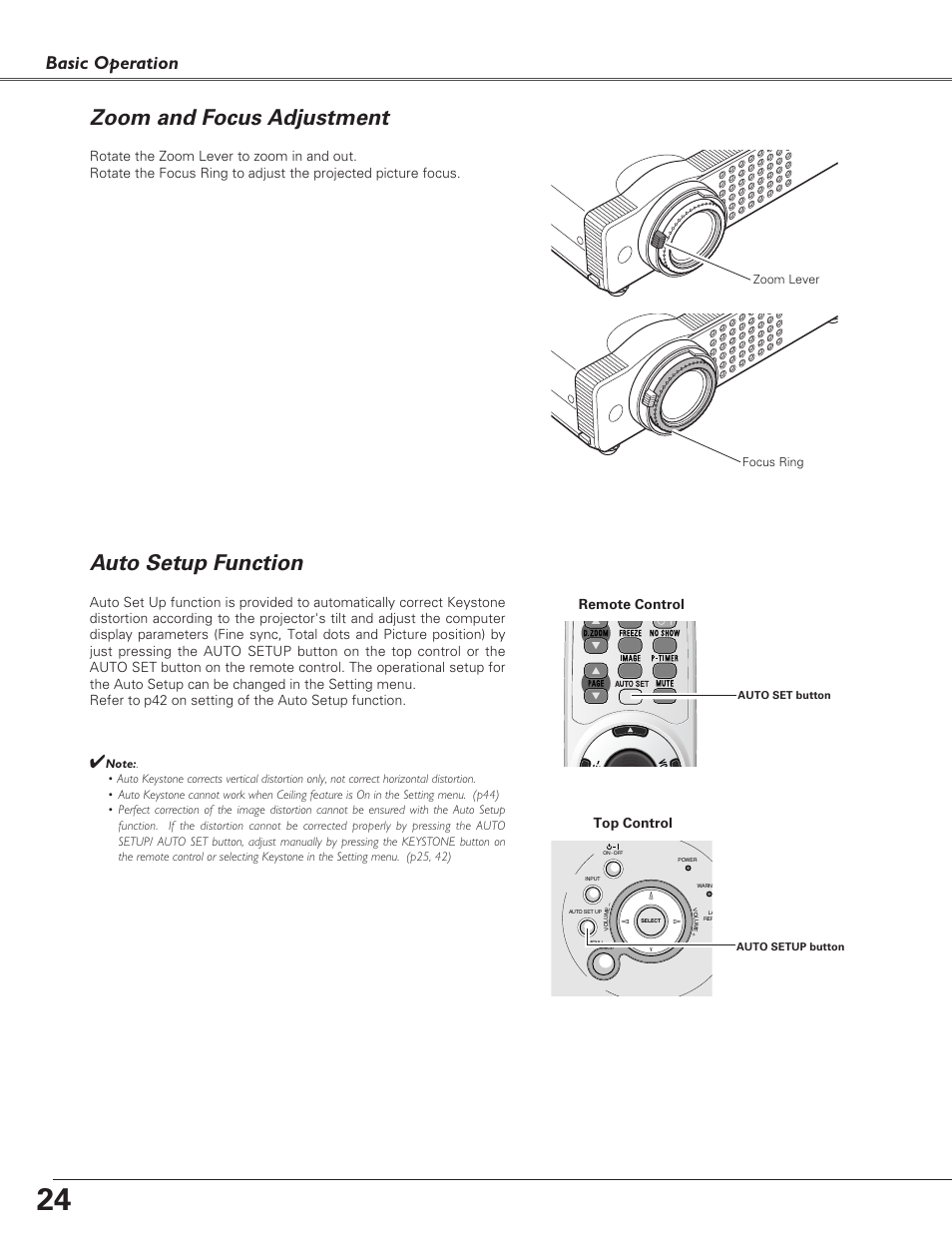 Zoom and focus adjustment, Auto setup function, Basic operation | Top control, Remote control | Sanyo PLC-SU51 User Manual | Page 24 / 64