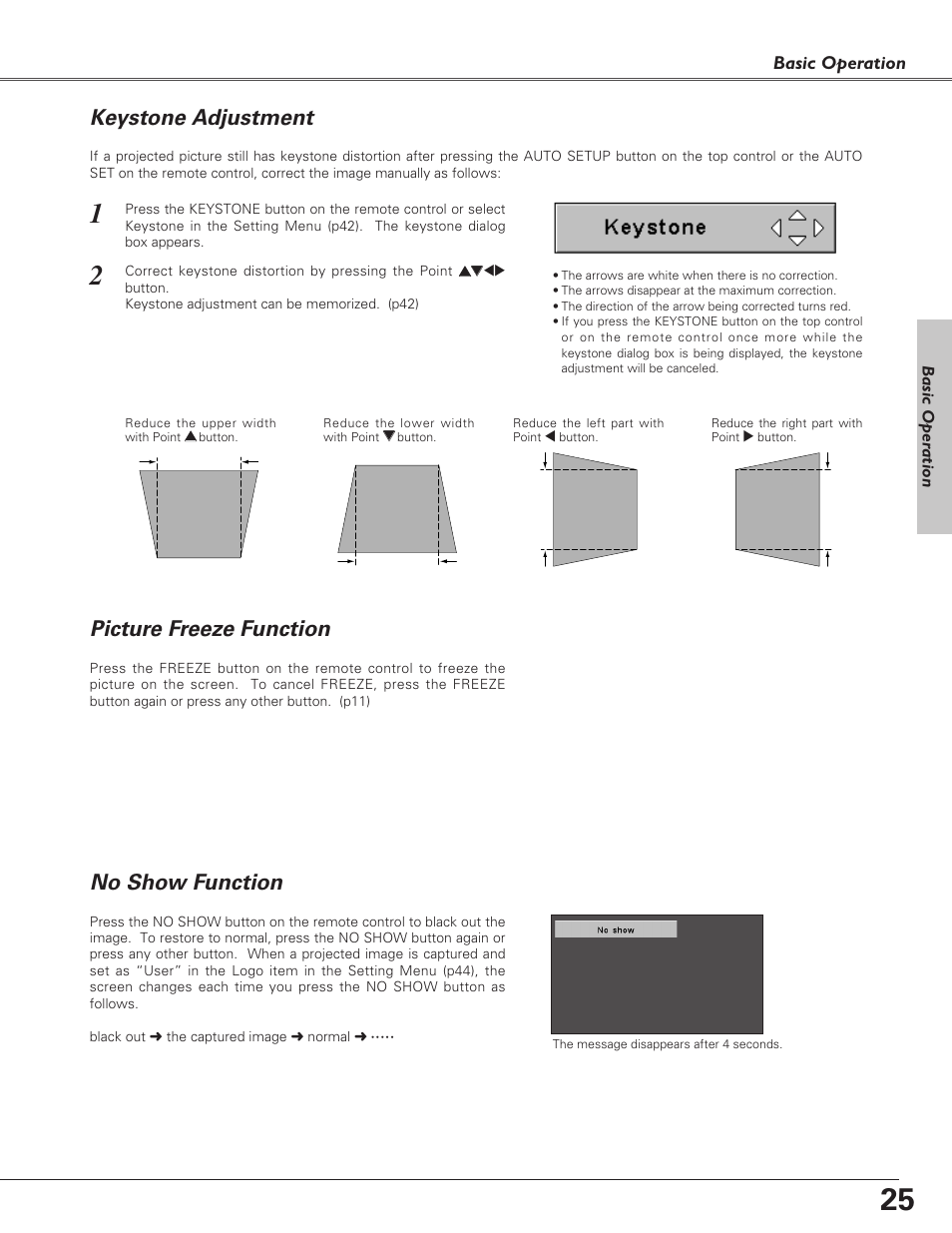 Keystone adjustment, Picture freeze function, No show function | Sanyo PLC-SU51 User Manual | Page 25 / 64