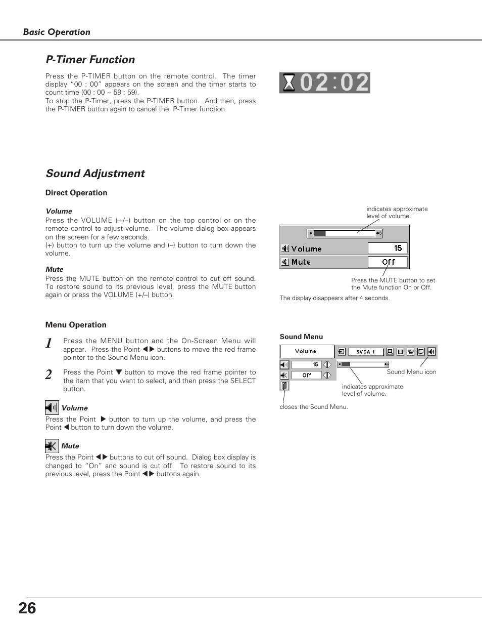 P-timer function, Sound adjustment | Sanyo PLC-SU51 User Manual | Page 26 / 64
