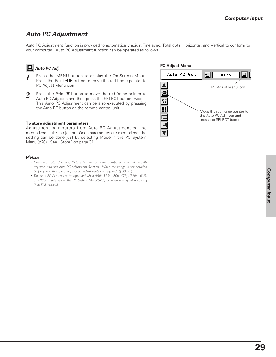 Auto pc adjustment | Sanyo PLC-SU51 User Manual | Page 29 / 64