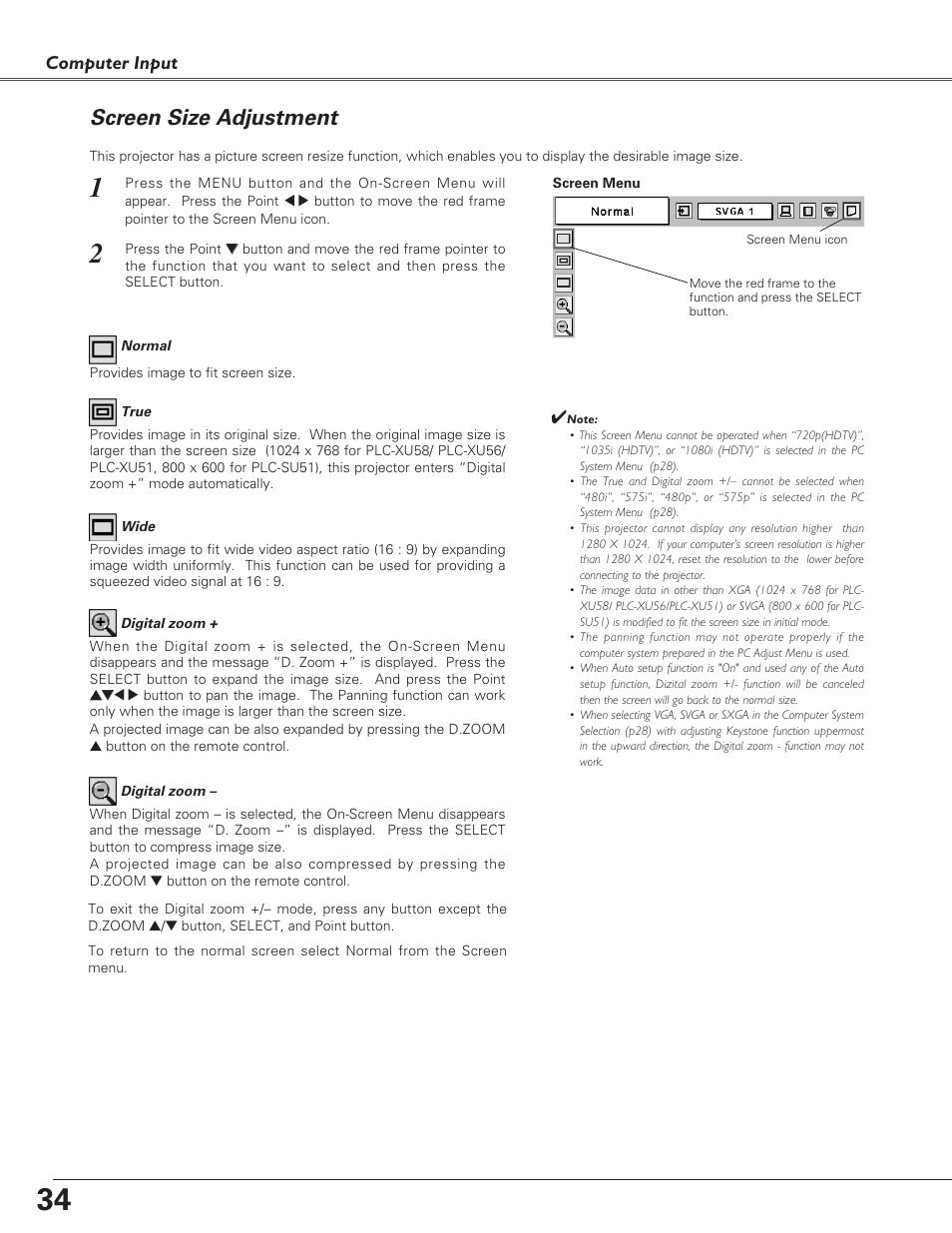 Screen size adjustment, Computer input | Sanyo PLC-SU51 User Manual | Page 34 / 64