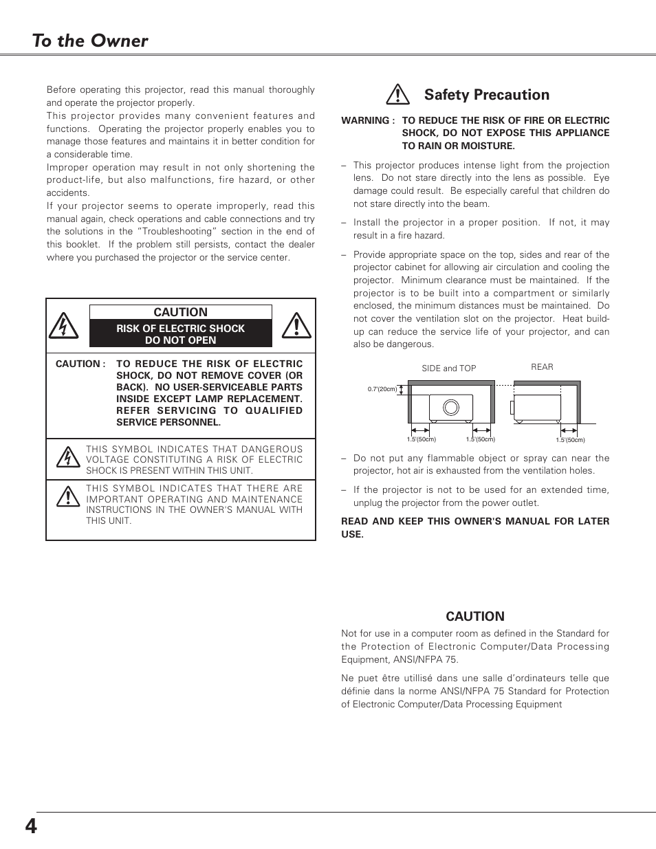 To the owner, Safety precaution | Sanyo PLC-SU51 User Manual | Page 4 / 64