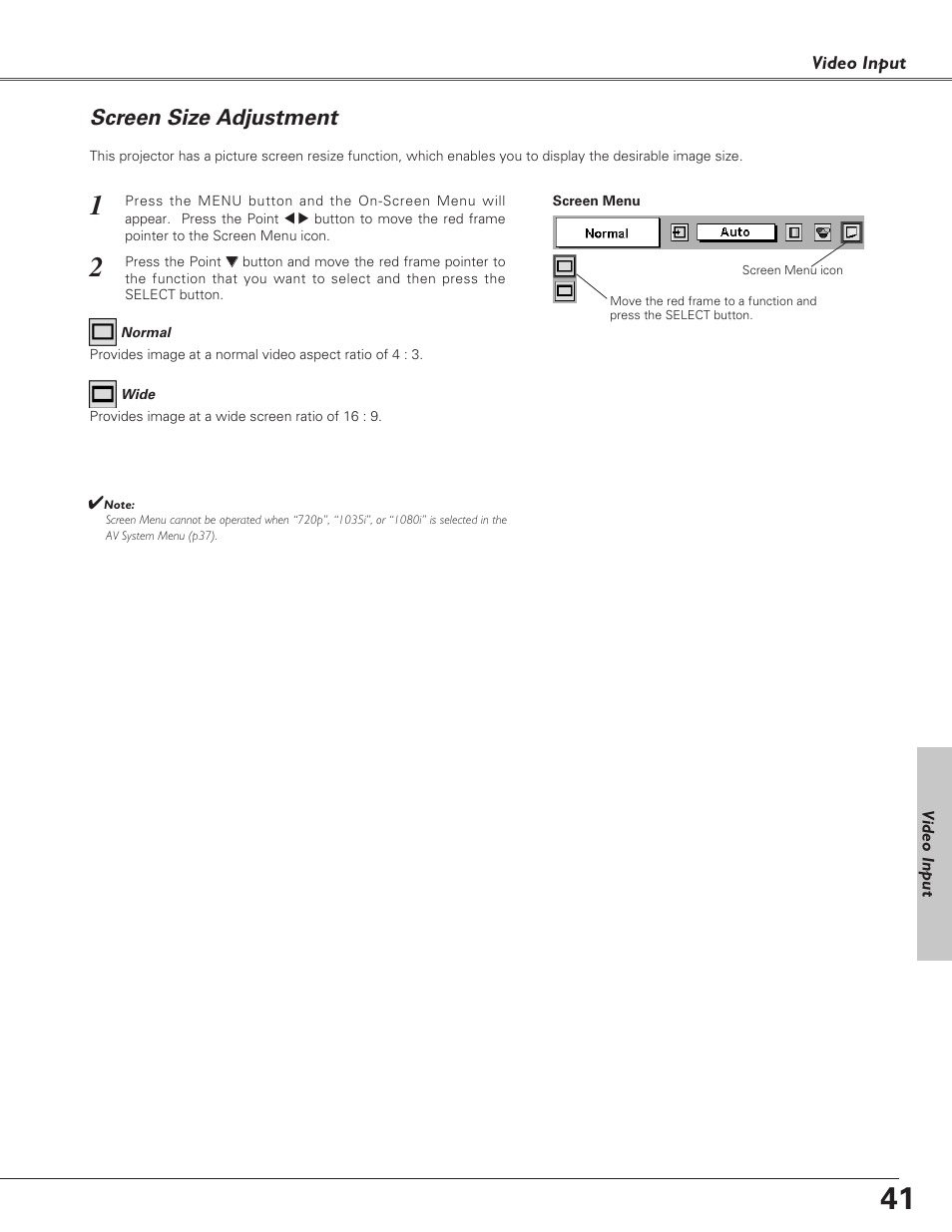 Screen size adjustment | Sanyo PLC-SU51 User Manual | Page 41 / 64