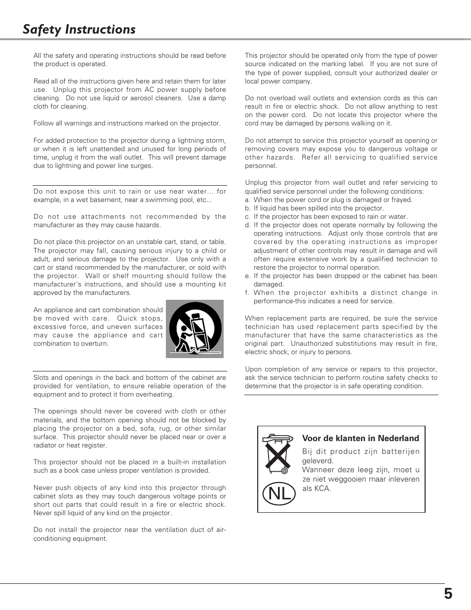 Safety instructions | Sanyo PLC-SU51 User Manual | Page 5 / 64