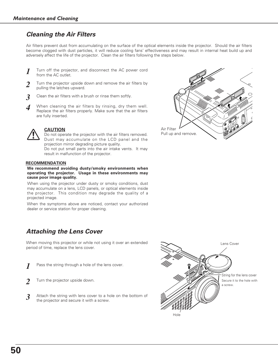 Cleaning the air filters, Attaching the lens cover | Sanyo PLC-SU51 User Manual | Page 50 / 64