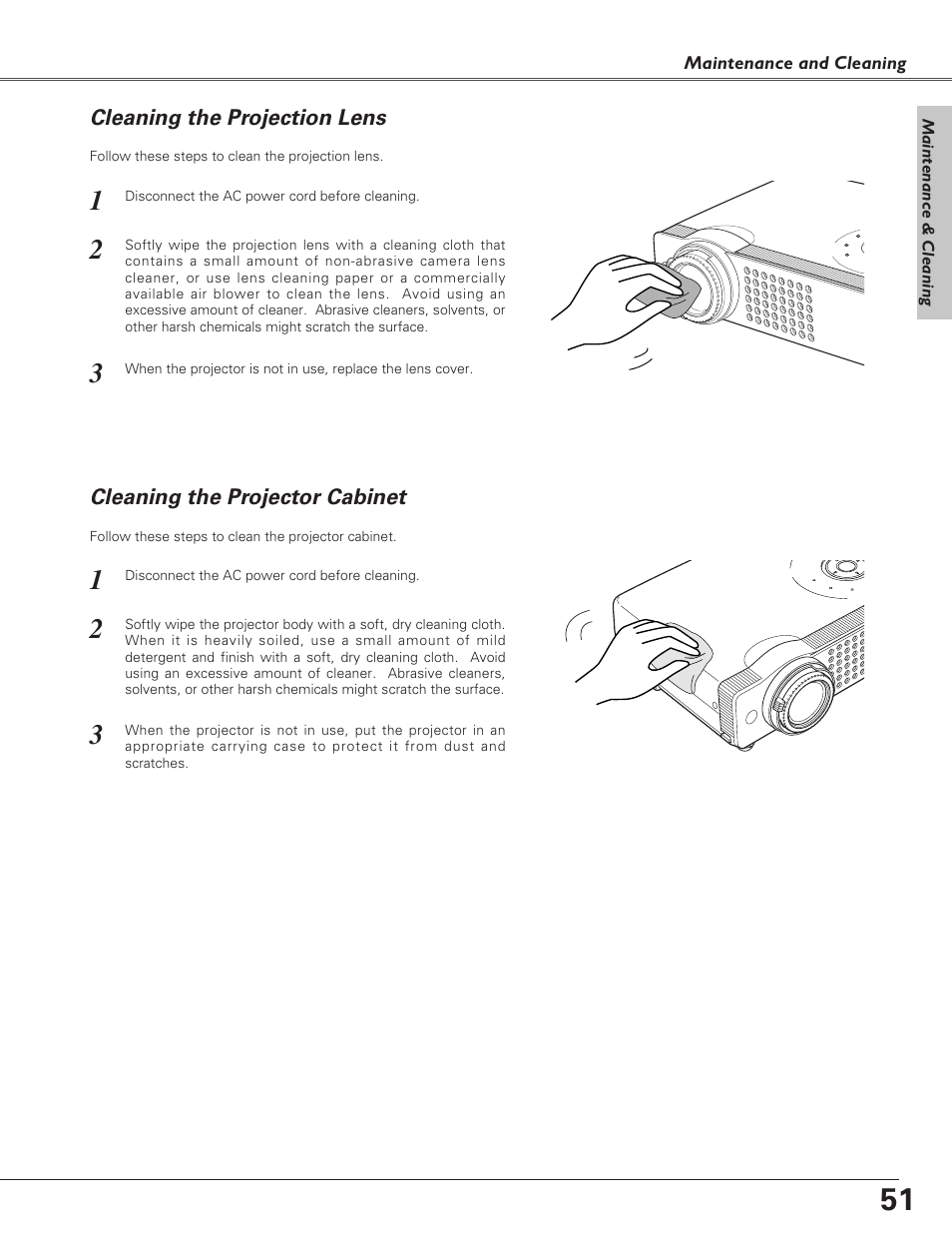 Cleaning the projection lens, Cleaning the projector cabinet | Sanyo PLC-SU51 User Manual | Page 51 / 64