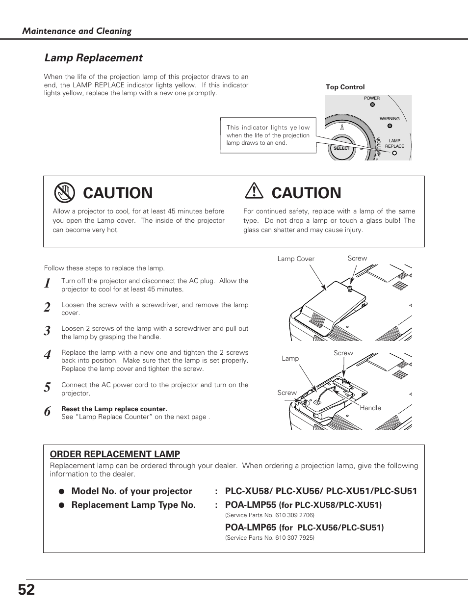 Lamp replacement, Caution | Sanyo PLC-SU51 User Manual | Page 52 / 64