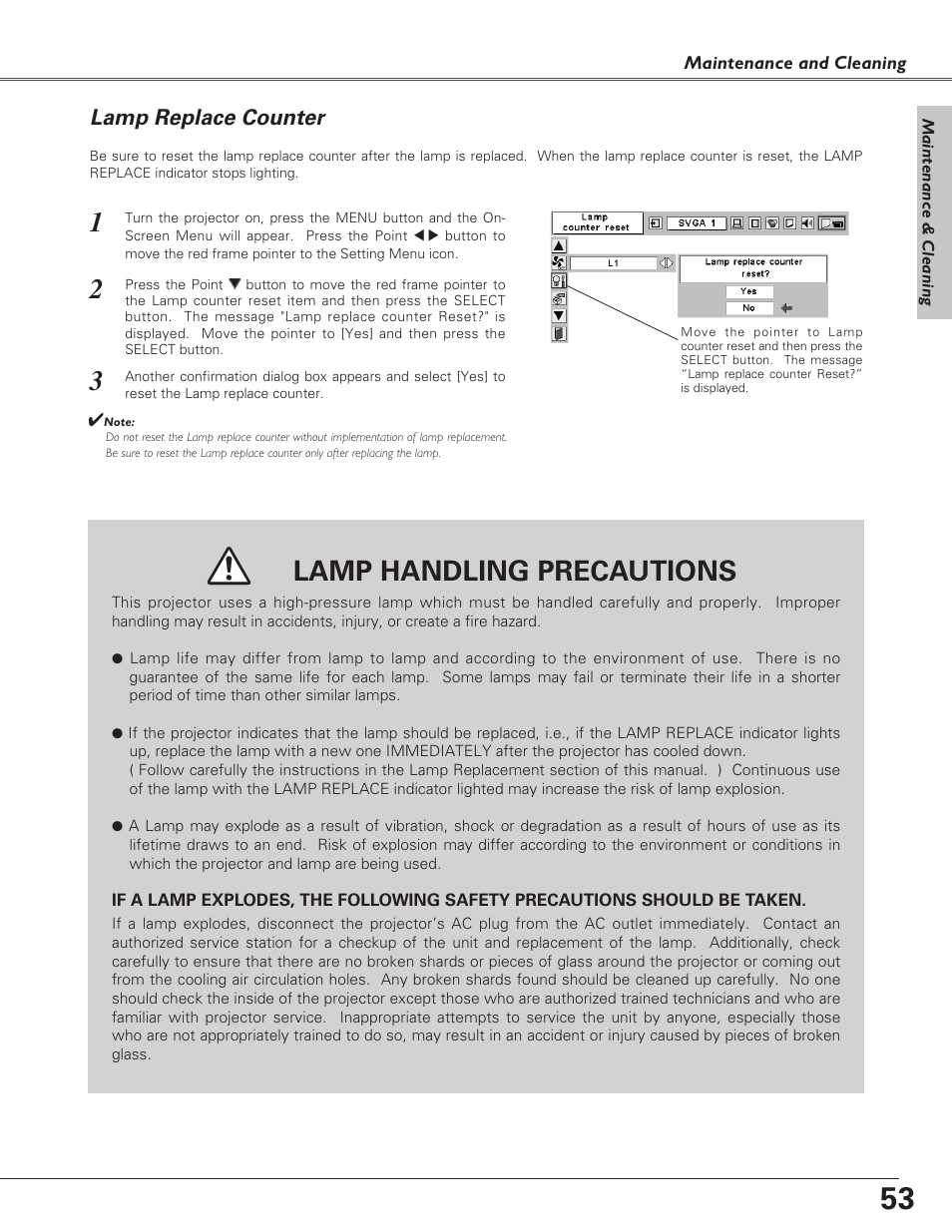 Lamp replace counter, Lamp handling precautions | Sanyo PLC-SU51 User Manual | Page 53 / 64