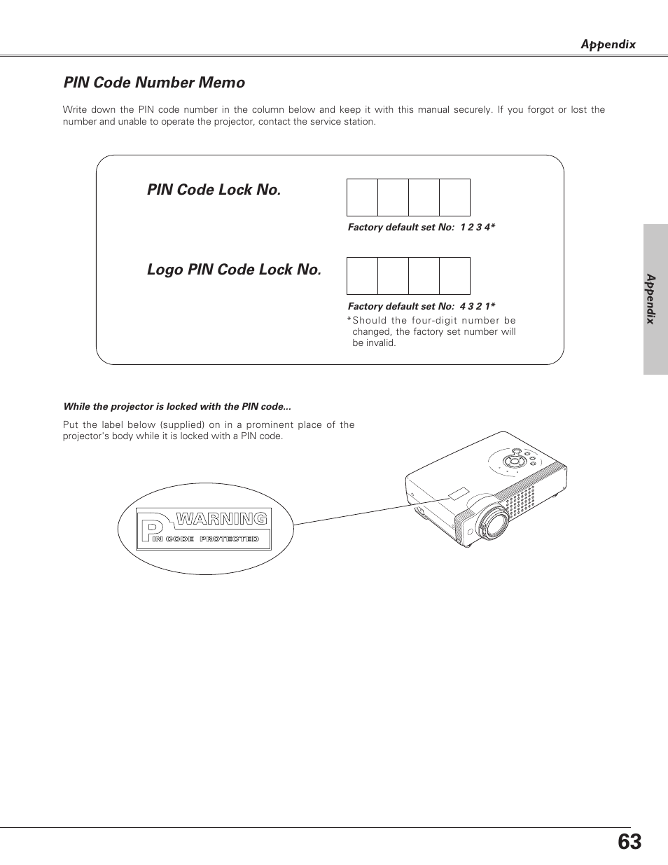 Pin code number memo, Pin code lock no. logo pin code lock no | Sanyo PLC-SU51 User Manual | Page 63 / 64