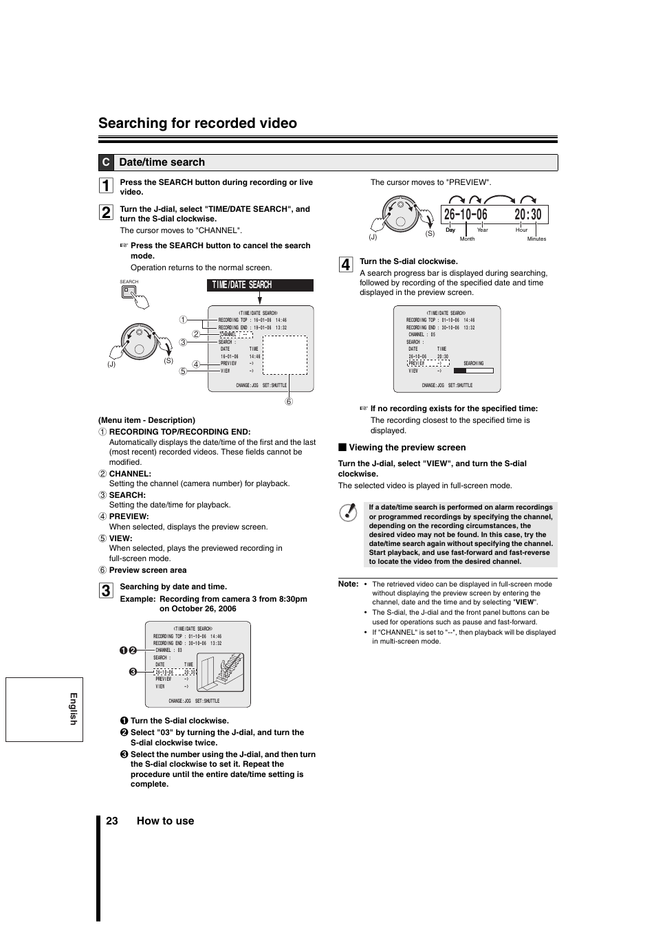 Searching for recorded video, 23 how to use, Cdate/time search | Sanyo DSR-3706PA User Manual | Page 24 / 88