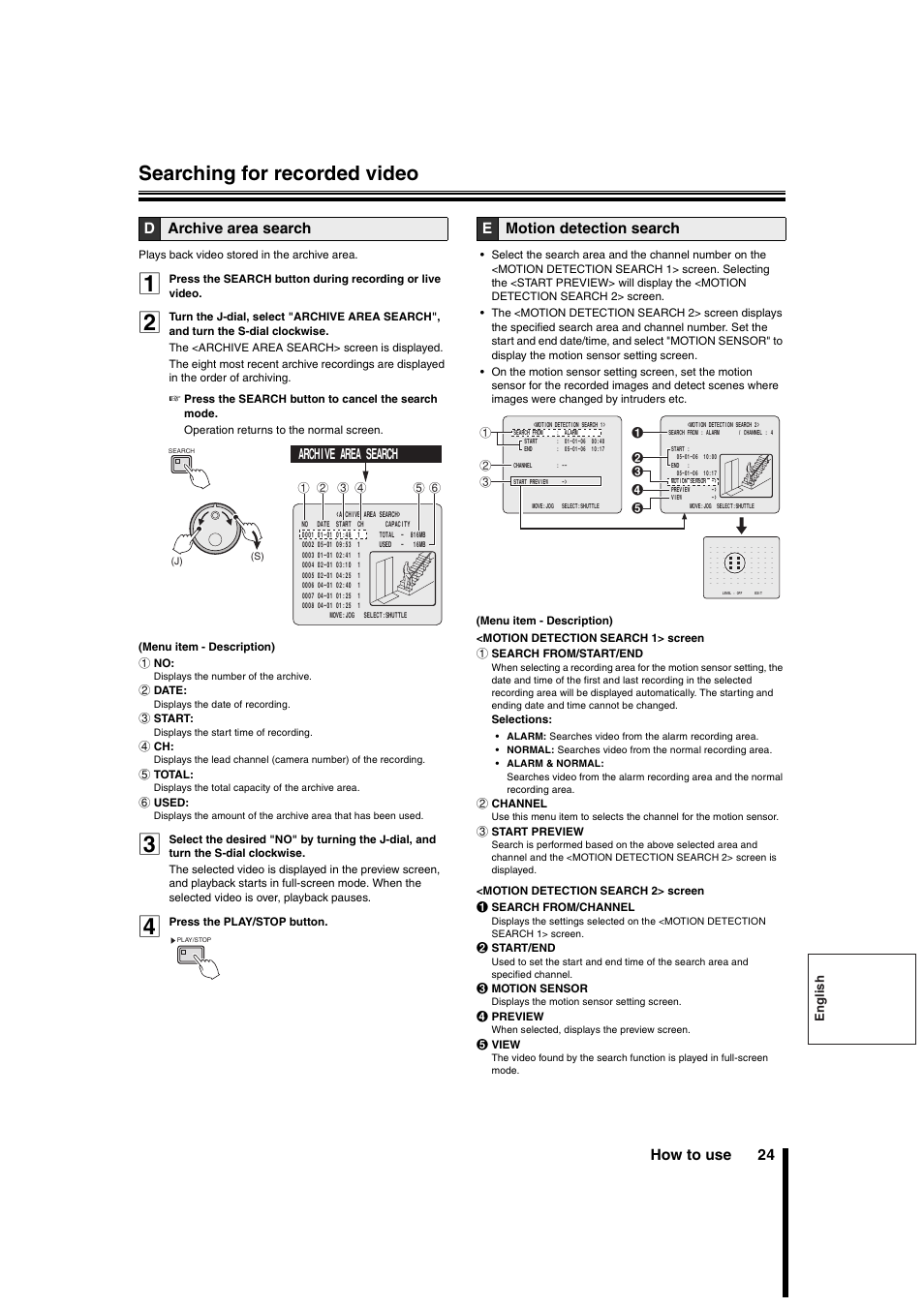Searching for recorded video, How to use 24, Darchive area search | Emotion detection search, Archive area search, English | Sanyo DSR-3706PA User Manual | Page 25 / 88