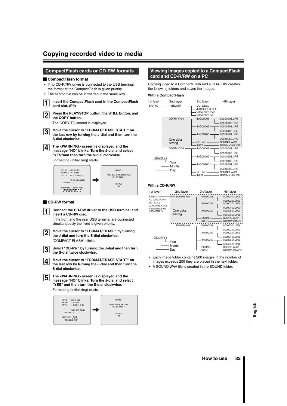 Copying recorded video to media, How to use 32, Compactflash cards or cd-rw formats | Sanyo DSR-3706PA User Manual | Page 33 / 88