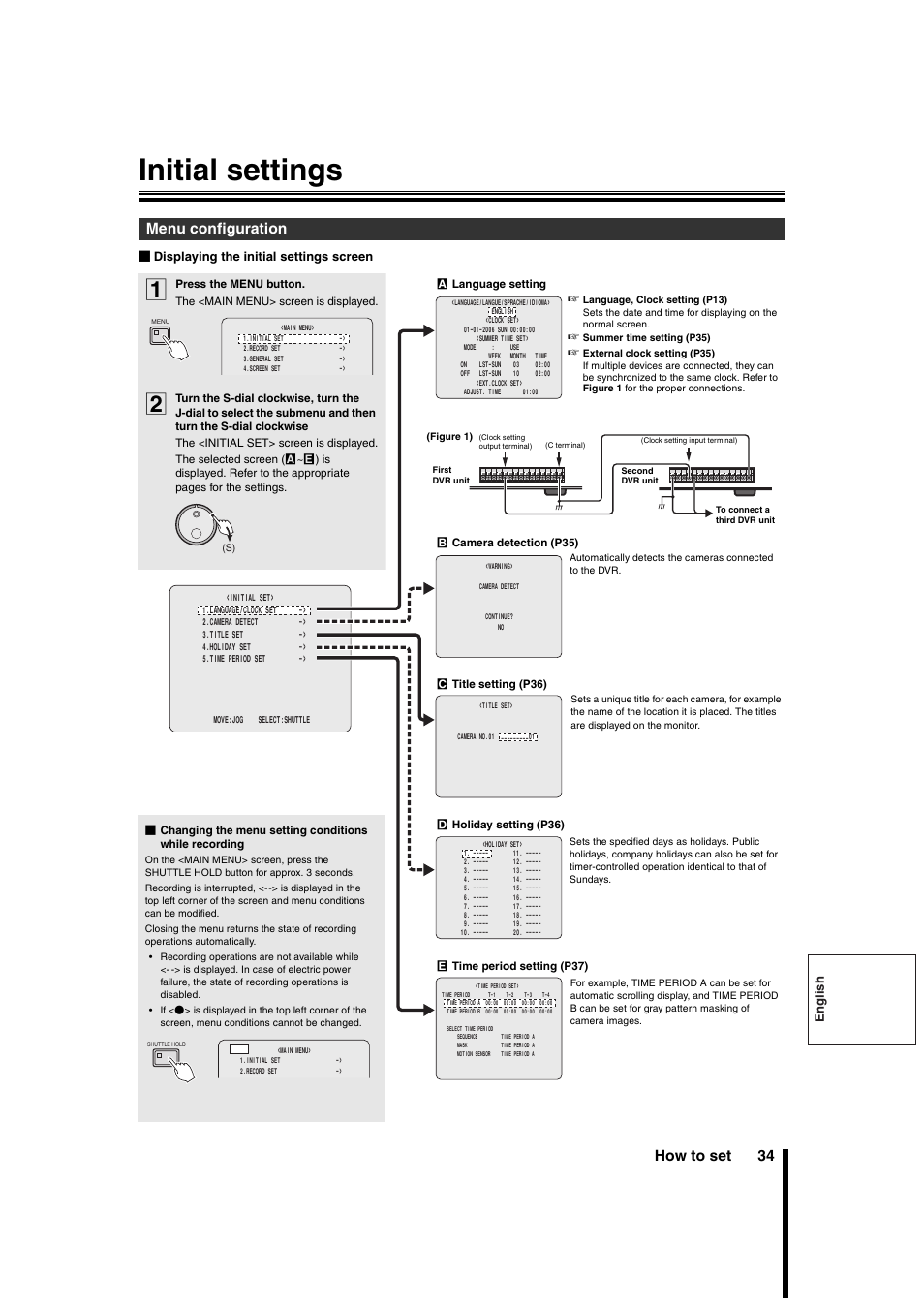 Initial settings, How to set 34, Menu configuration | English, B displaying the initial settings screen | Sanyo DSR-3706PA User Manual | Page 35 / 88