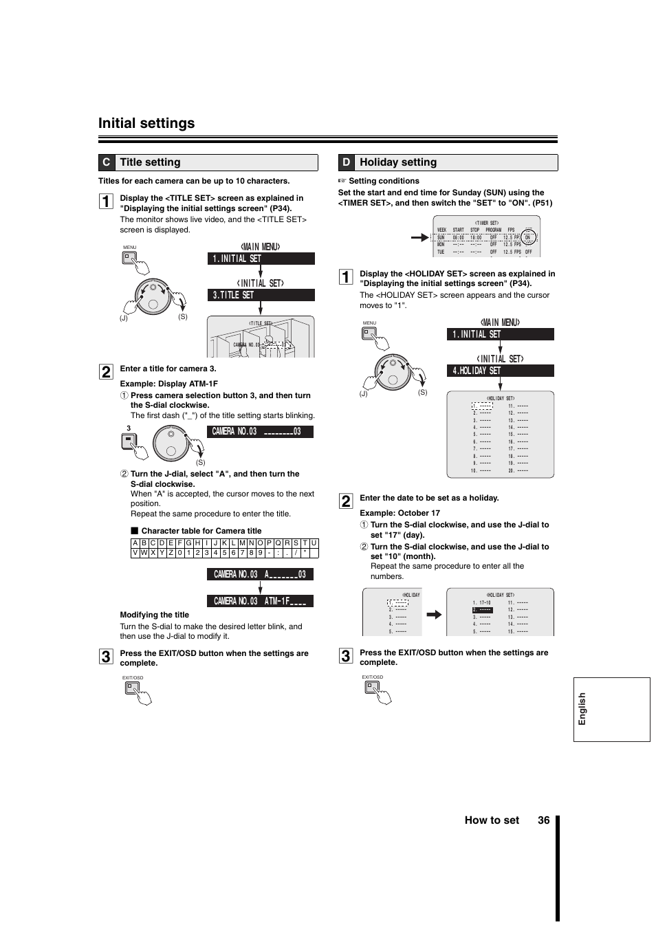 Initial settings, How to set 36, Ctitle setting | Dholiday setting | Sanyo DSR-3706PA User Manual | Page 37 / 88