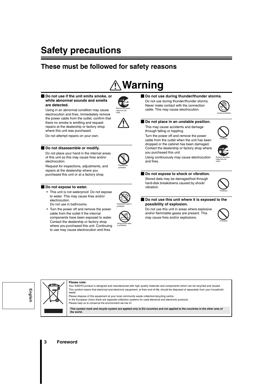 Warning, Safety precautions, These must be followed for safety reasons | Sanyo DSR-3706PA User Manual | Page 4 / 88