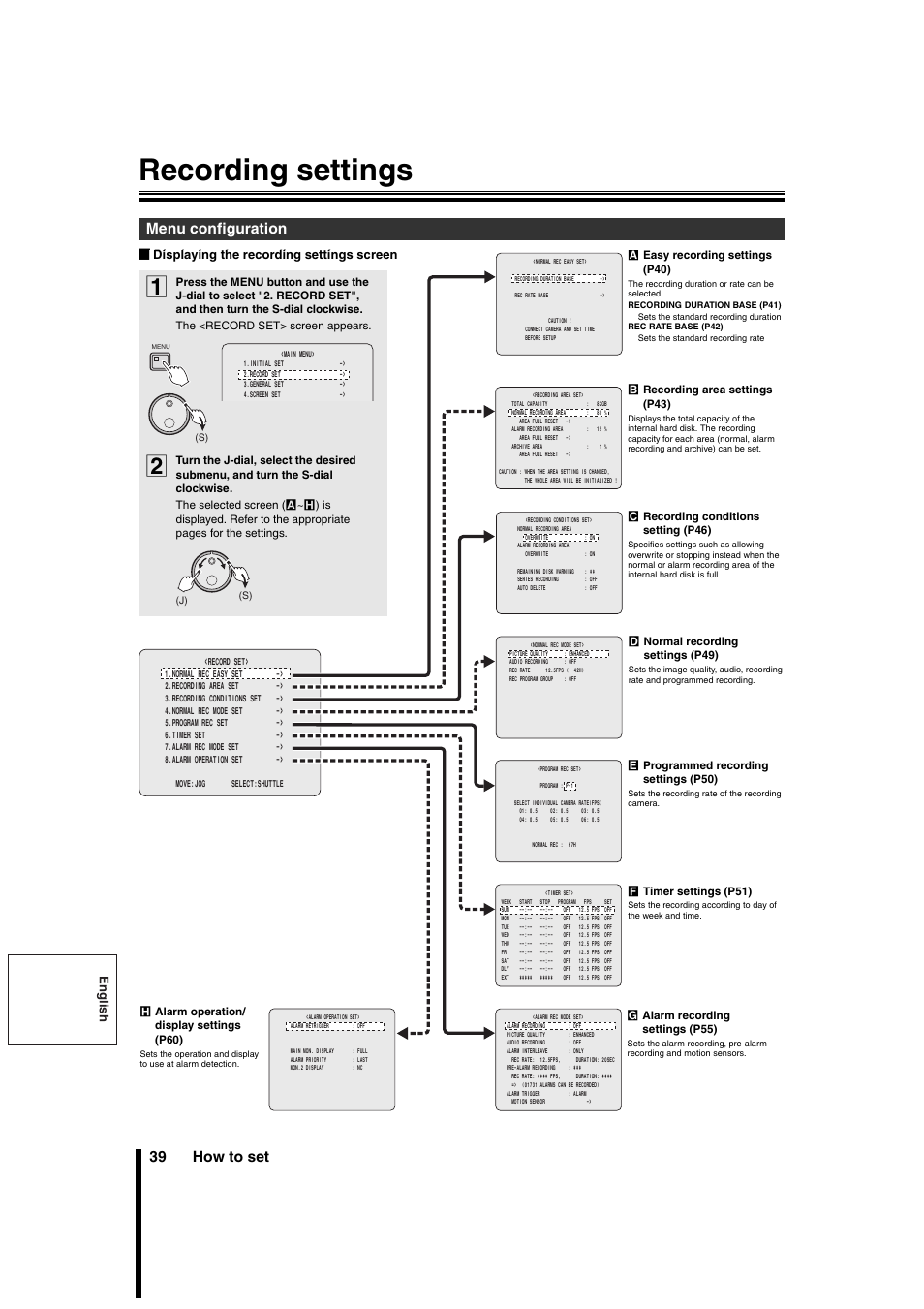 Recording settings, 39 how to set, Menu configuration | English, B displaying the recording settings screen | Sanyo DSR-3706PA User Manual | Page 40 / 88