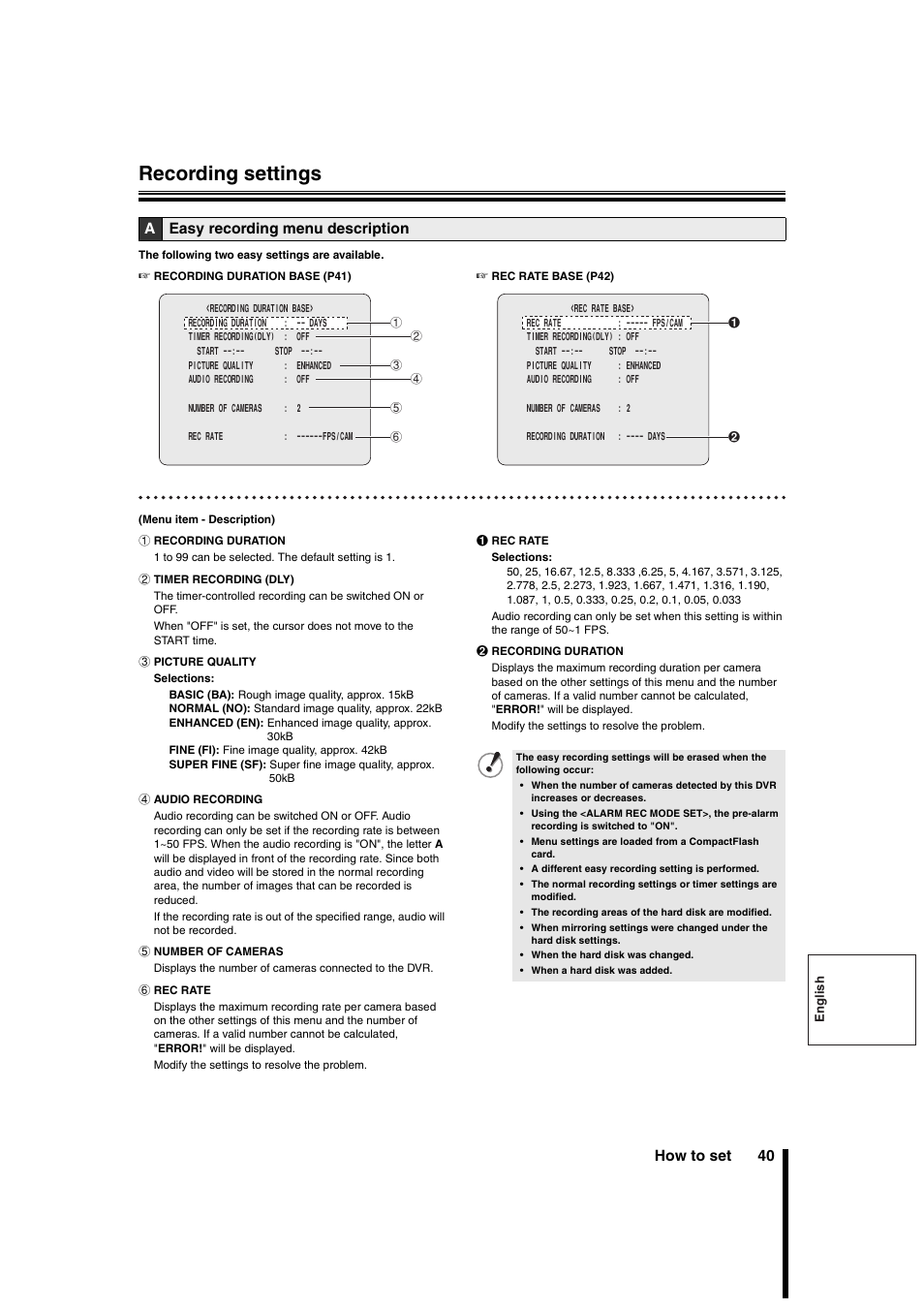 Recording settings, How to set 40, Aeasy recording menu description | Sanyo DSR-3706PA User Manual | Page 41 / 88
