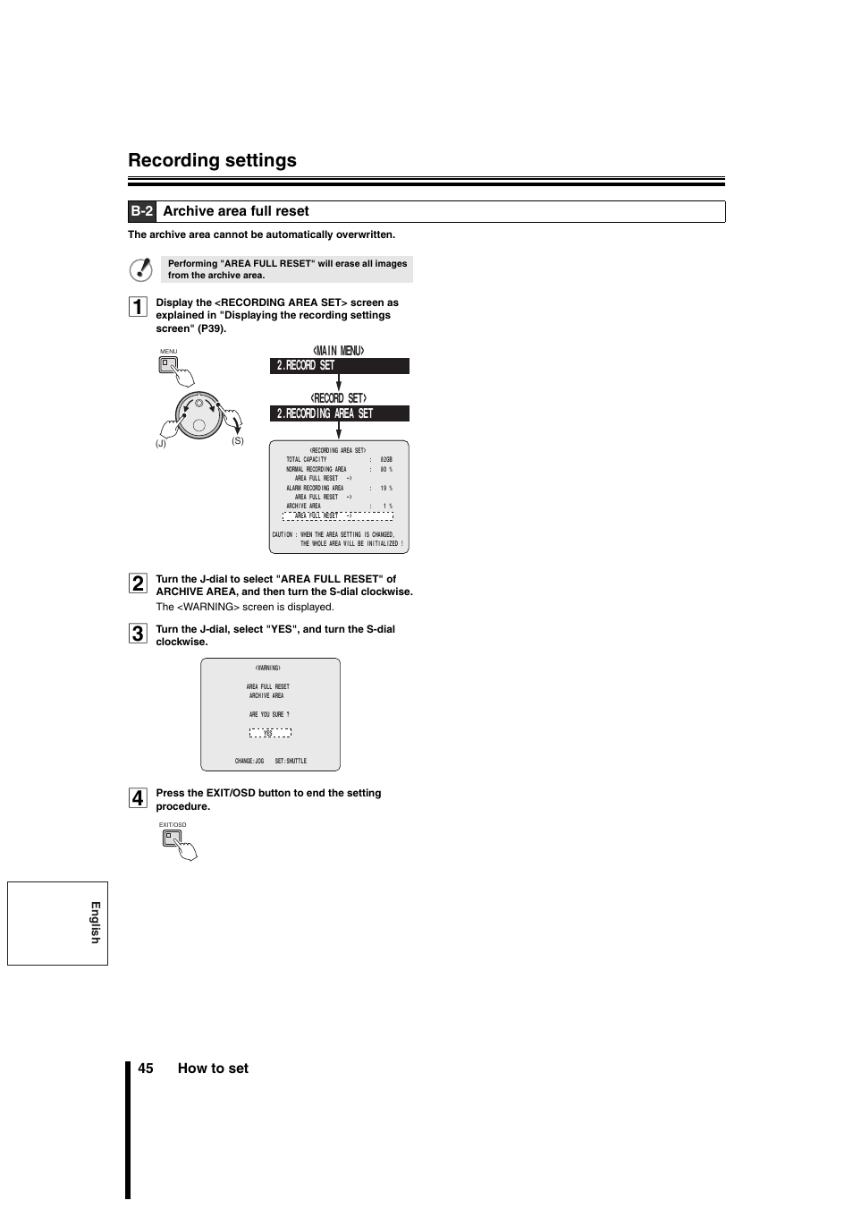 Recording settings, 45 how to set, B-2 archive area full reset | Sanyo DSR-3706PA User Manual | Page 46 / 88