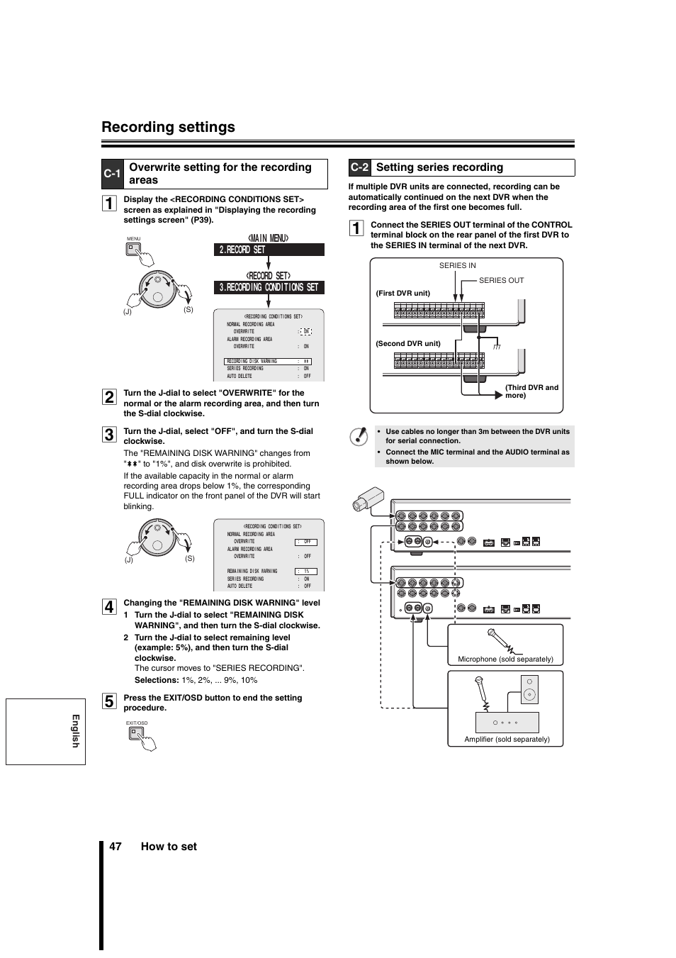 Recording settings, 47 how to set, C-1 overwrite setting for the recording areas | C-2 setting series recording | Sanyo DSR-3706PA User Manual | Page 48 / 88