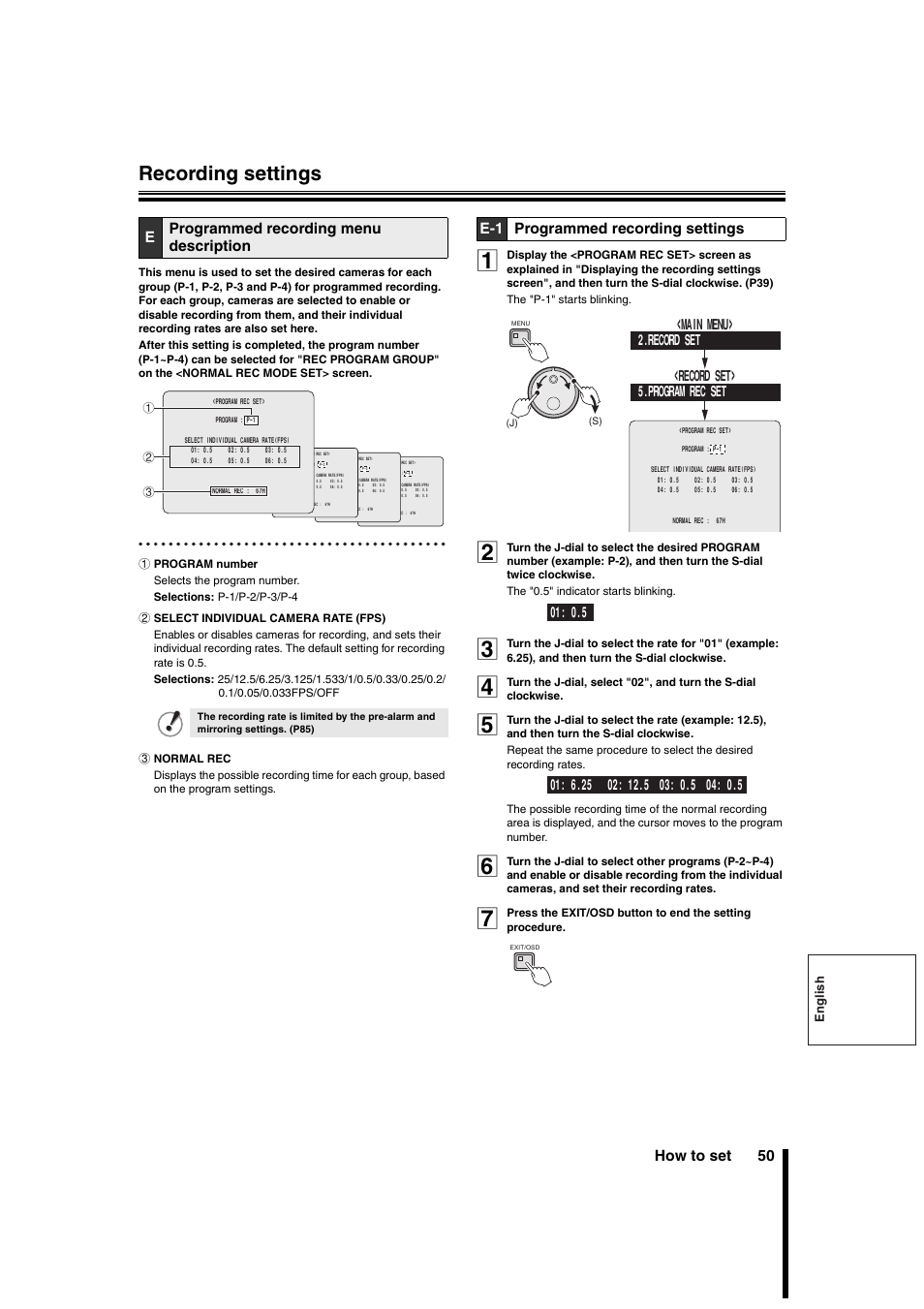 Recording settings, How to set 50, Eprogrammed recording menu description | E-1 programmed recording settings | Sanyo DSR-3706PA User Manual | Page 51 / 88