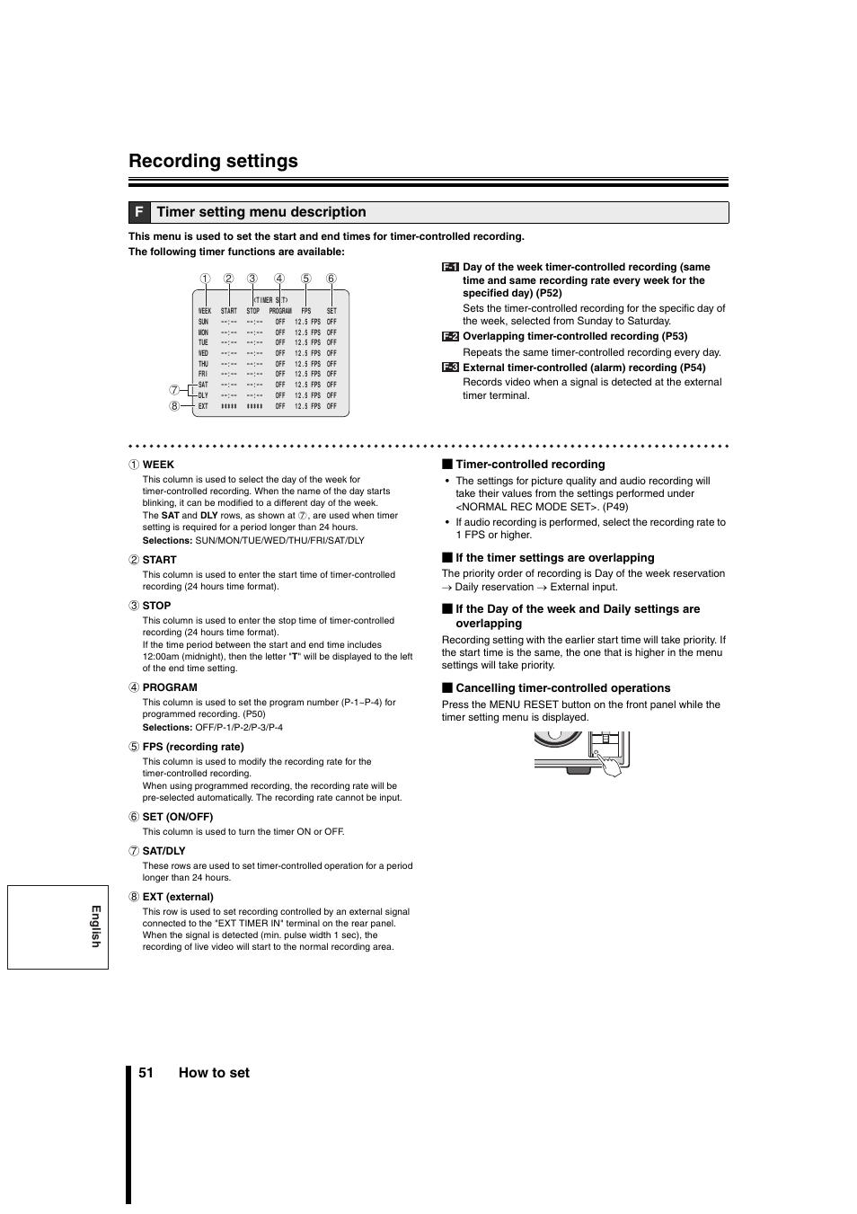 Recording settings, 51 how to set, Ftimer setting menu description | Sanyo DSR-3706PA User Manual | Page 52 / 88