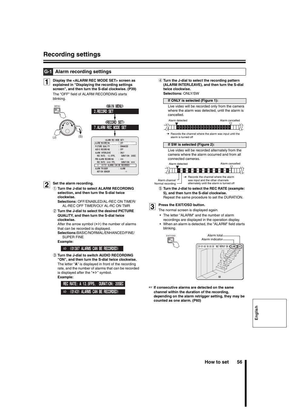 Recording settings, How to set 56, G-1 alarm recording settings | Sanyo DSR-3706PA User Manual | Page 57 / 88