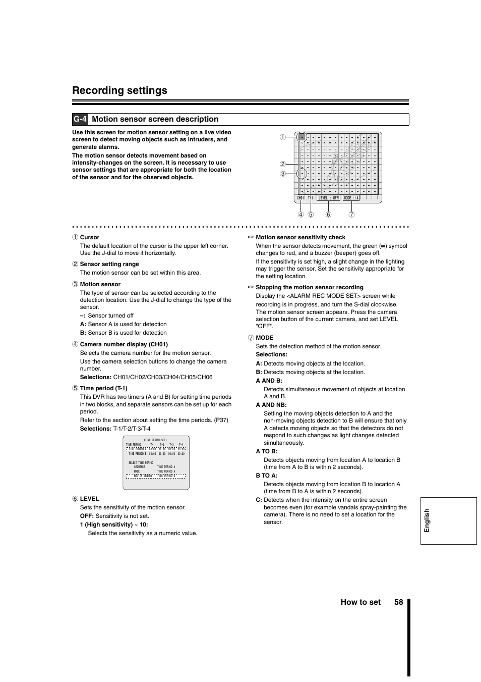 Recording settings, How to set 58, G-4 motion sensor screen description | Sanyo DSR-3706PA User Manual | Page 59 / 88