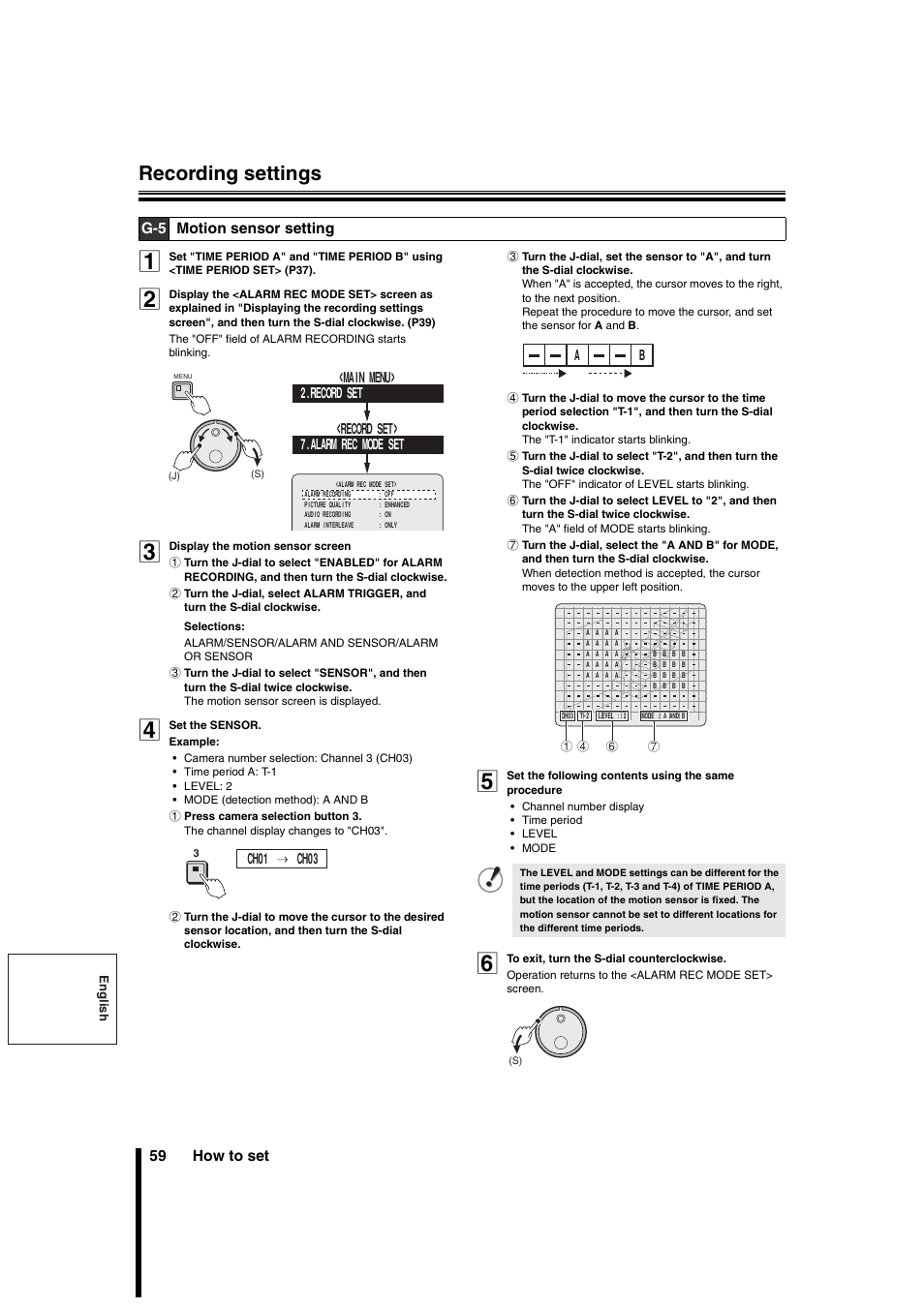 Recording settings, 59 how to set, G-5 motion sensor setting | Sanyo DSR-3706PA User Manual | Page 60 / 88