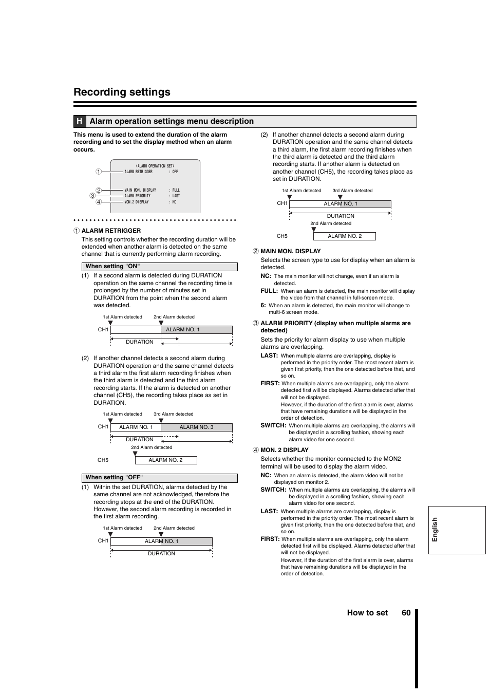Recording settings, How to set 60, Halarm operation settings menu description | Sanyo DSR-3706PA User Manual | Page 61 / 88