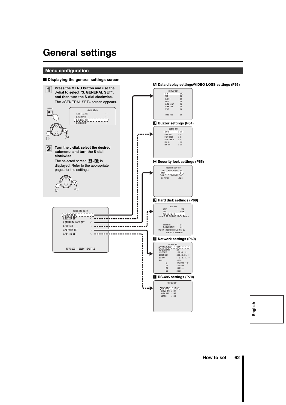 General settings, How to set 62, Menu configuration | English, B displaying the general settings screen | Sanyo DSR-3706PA User Manual | Page 63 / 88