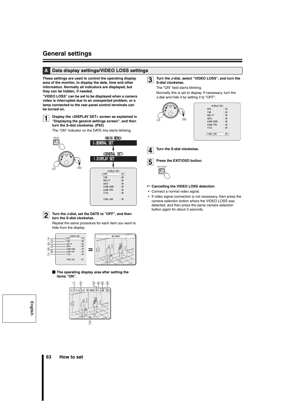 General settings, 63 how to set, Adata display settings/video loss settings | Display set 3.general set <main menu> <general set | Sanyo DSR-3706PA User Manual | Page 64 / 88