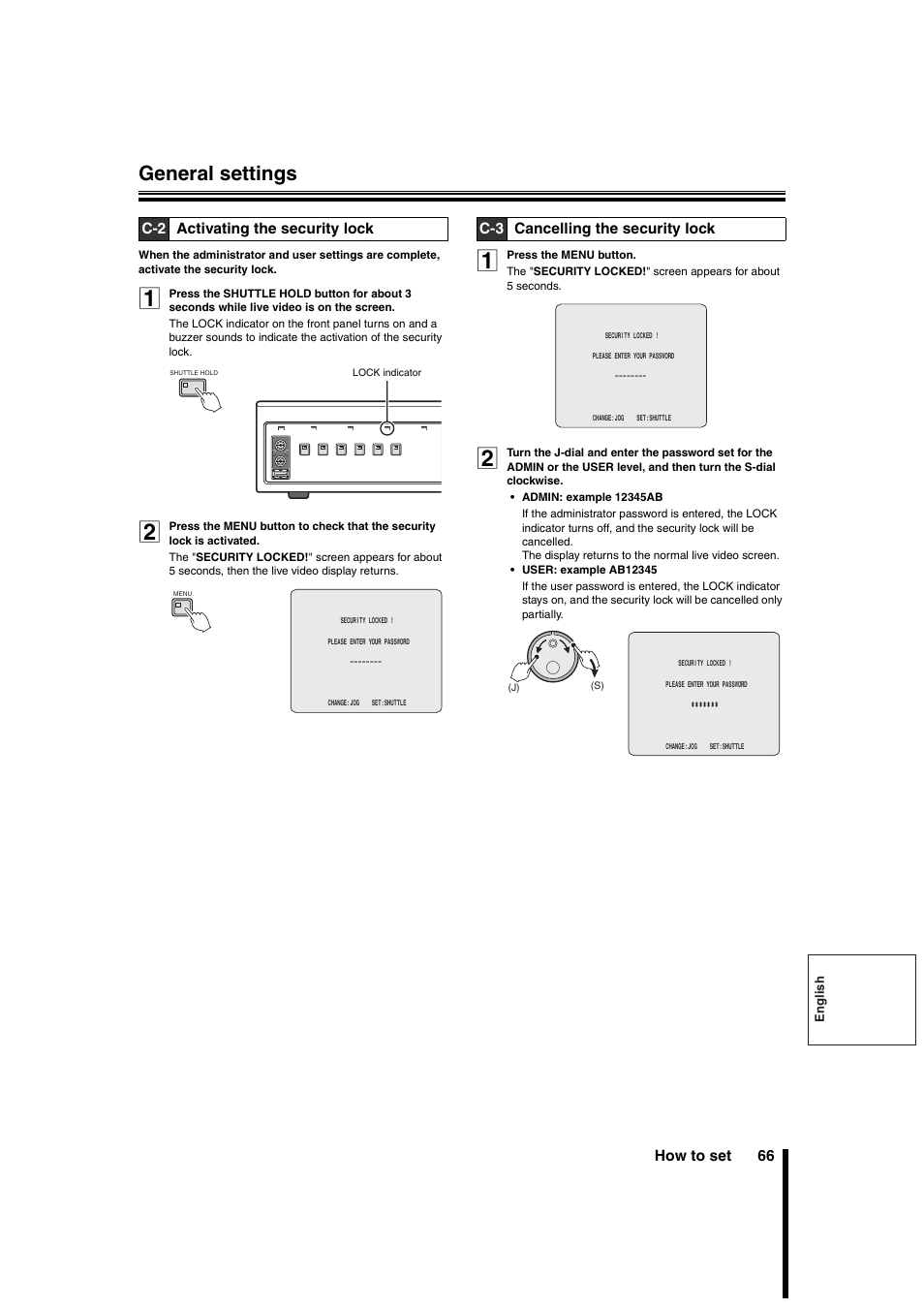 General settings, How to set 66, C-2 activating the security lock | C-3 cancelling the security lock | Sanyo DSR-3706PA User Manual | Page 67 / 88