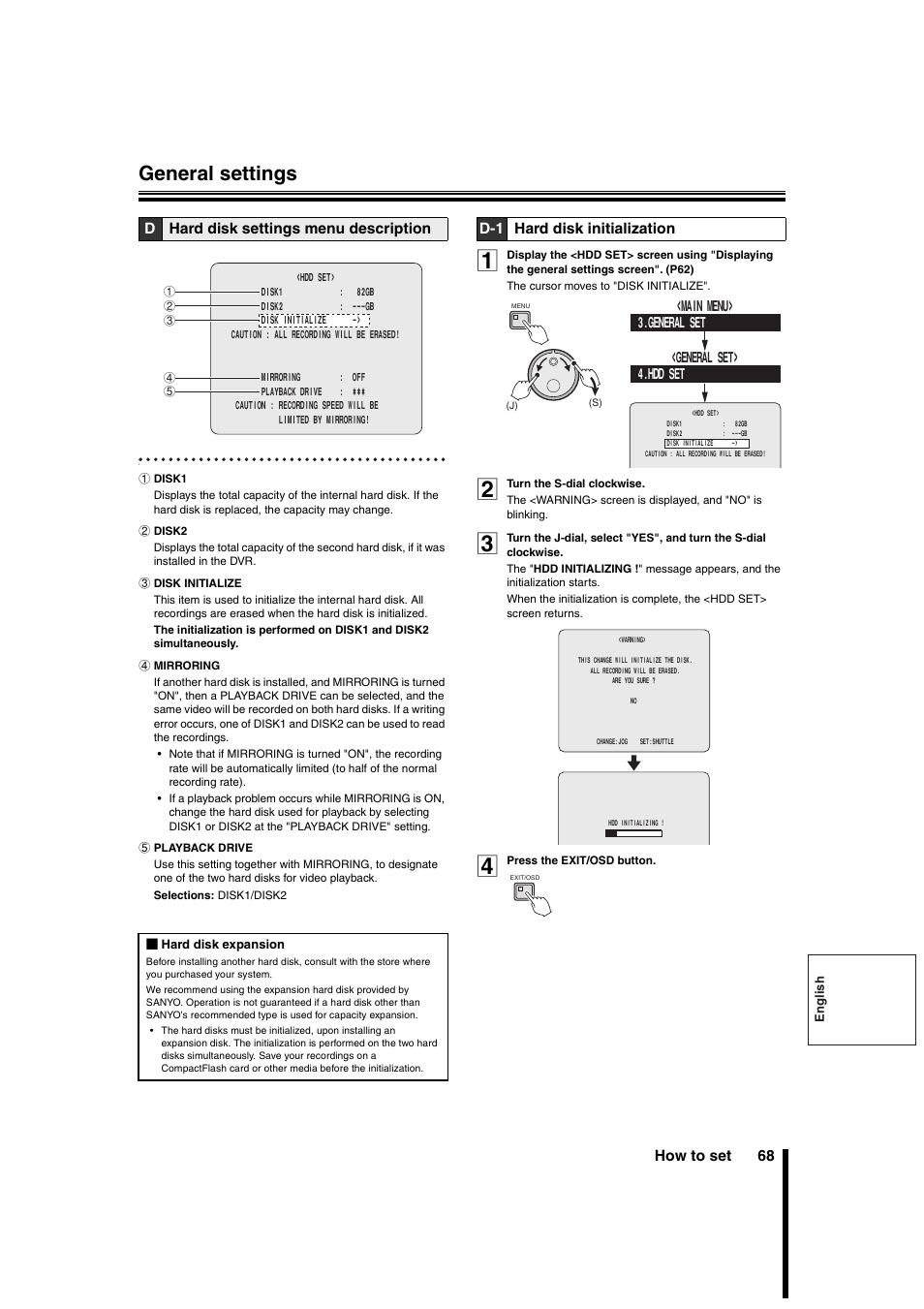 General settings, How to set 68, Dhard disk settings menu description | D-1 hard disk initialization | Sanyo DSR-3706PA User Manual | Page 69 / 88