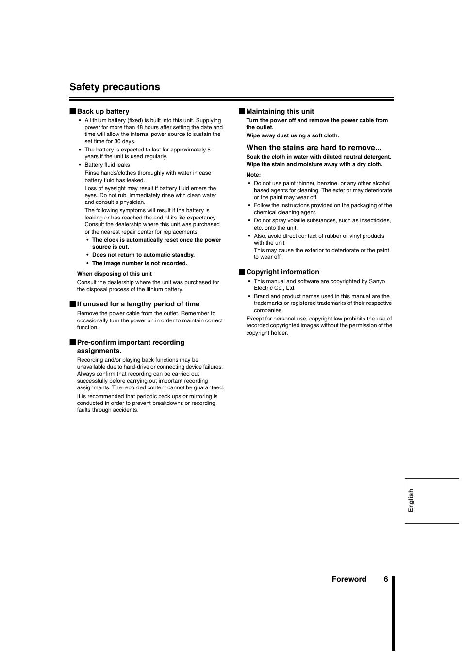 Safety precautions | Sanyo DSR-3706PA User Manual | Page 7 / 88