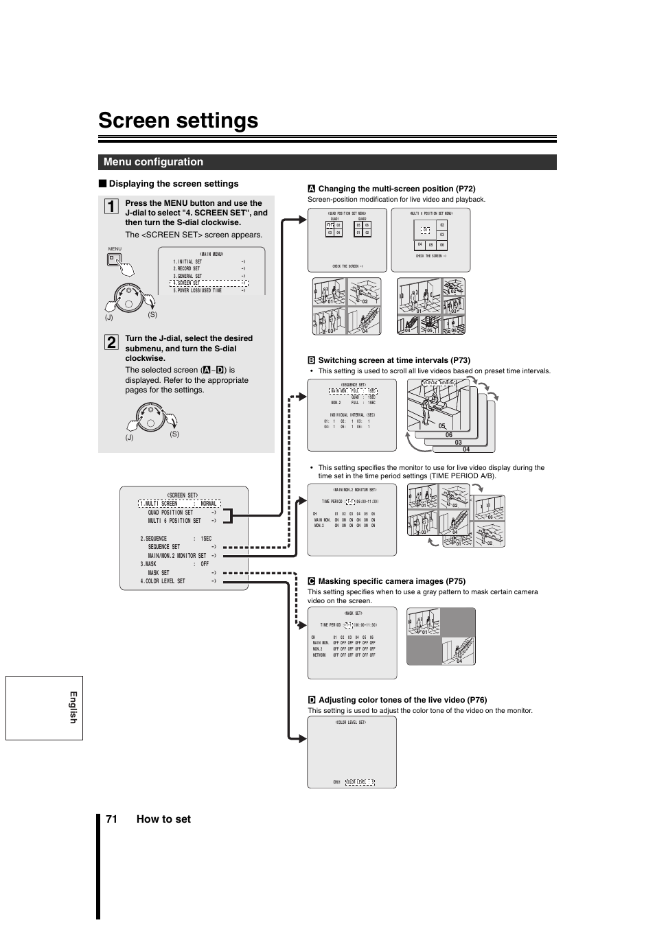 Screen settings, 71 how to set, Menu configuration | English, B displaying the screen settings | Sanyo DSR-3706PA User Manual | Page 72 / 88