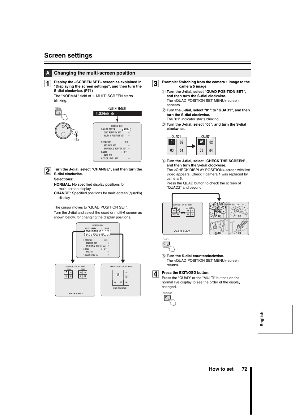 Screen settings, How to set 72, Achanging the multi-screen position | Screen set, Main menu, English | Sanyo DSR-3706PA User Manual | Page 73 / 88