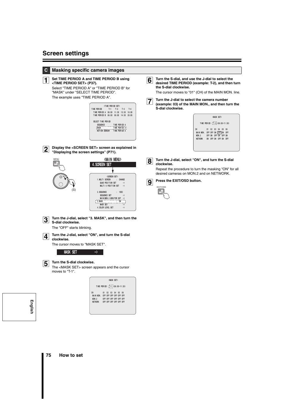 Screen settings, 75 how to set, Cmasking specific camera images | Sanyo DSR-3706PA User Manual | Page 76 / 88