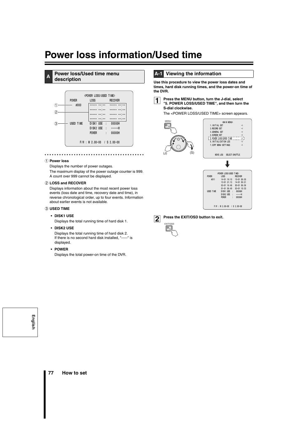 Power loss information/used time, 77 how to set, Apower loss/used time menu description | A-1 viewing the information | Sanyo DSR-3706PA User Manual | Page 78 / 88