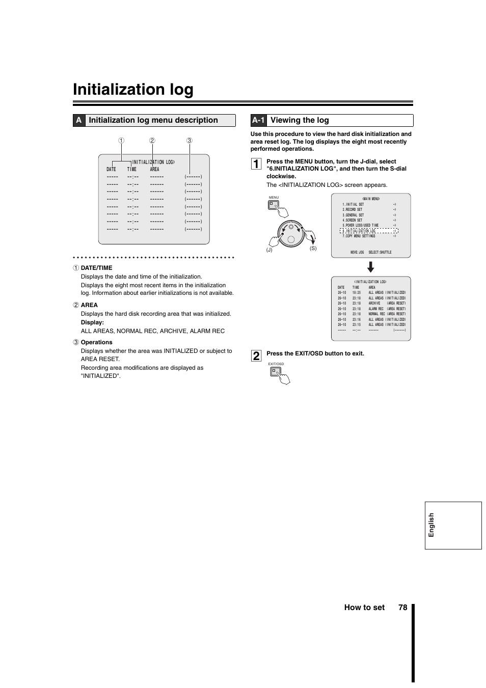 Initialization log, How to set 78, Ainitialization log menu description | A-1 viewing the log | Sanyo DSR-3706PA User Manual | Page 79 / 88