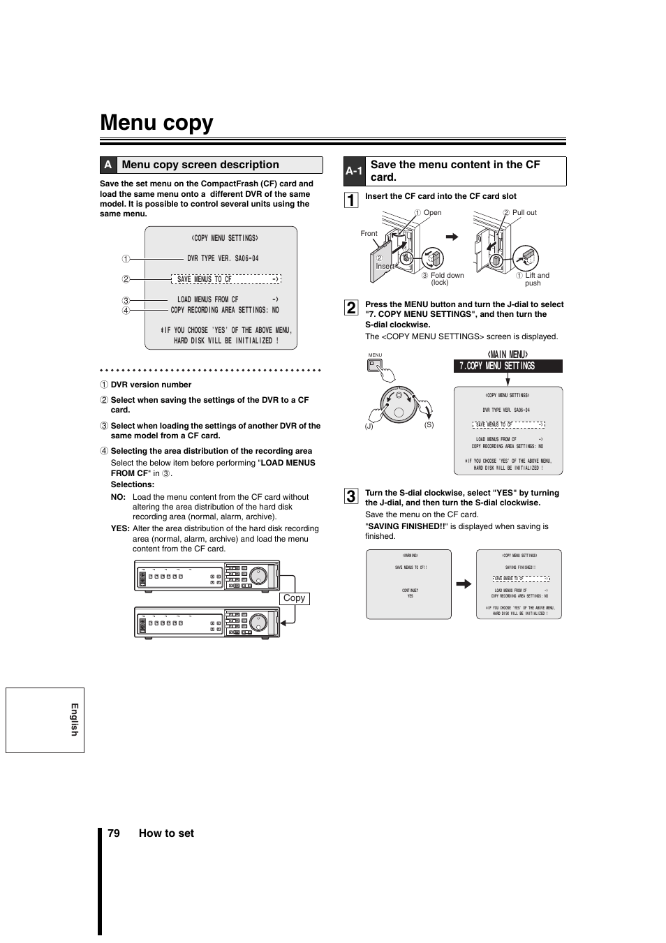 Menu copy, 79 how to set, Amenu copy screen description | A-1 save the menu content in the cf card | Sanyo DSR-3706PA User Manual | Page 80 / 88