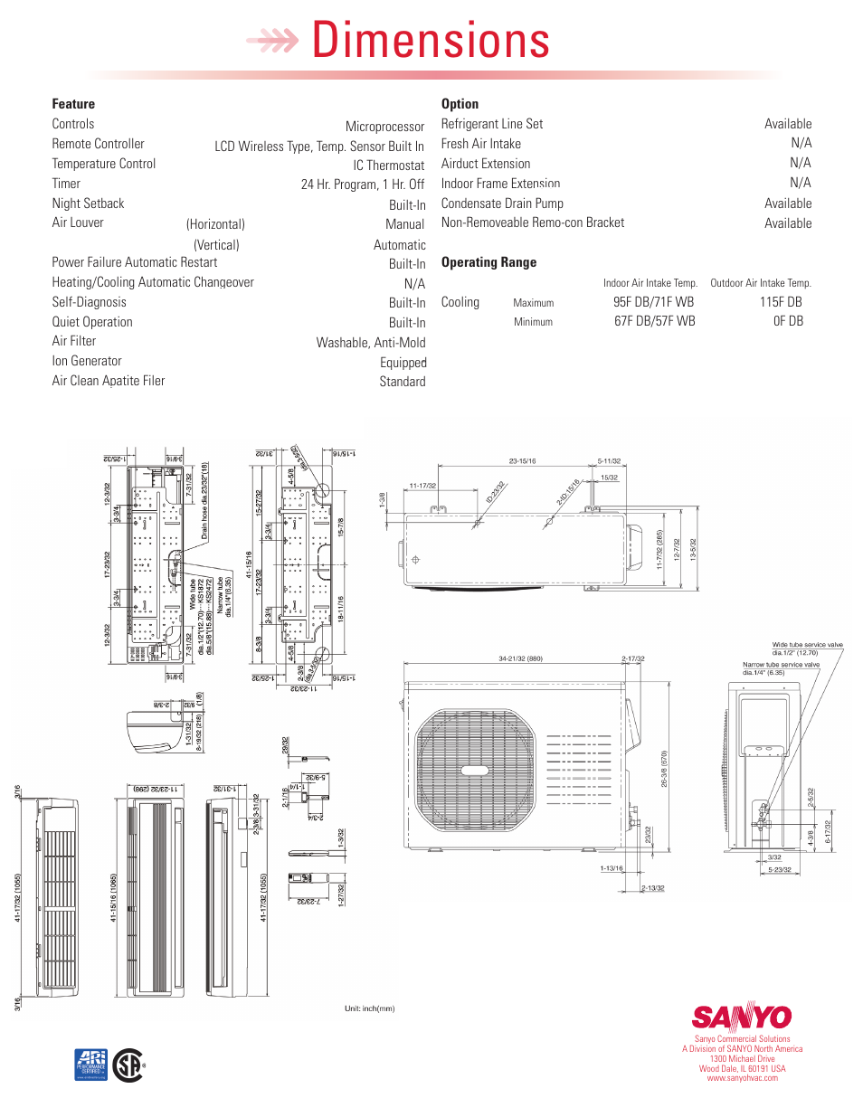 Dimensions | Sanyo 18KLS72 User Manual | Page 2 / 2