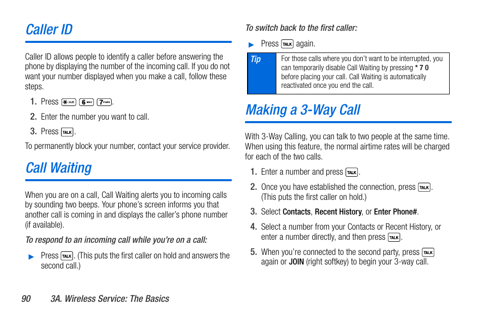 Caller id, Call waiting, Making a 3-way call | Sanyo MIRRO PLS-3810 User Manual | Page 100 / 126