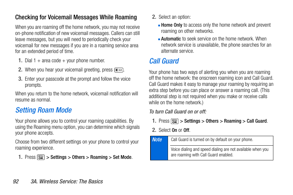 Setting roam mode, Call guard | Sanyo MIRRO PLS-3810 User Manual | Page 102 / 126
