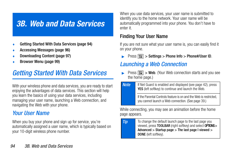 3b. web and data services, Getting started with data services, Your user name | Launching a web connection | Sanyo MIRRO PLS-3810 User Manual | Page 104 / 126