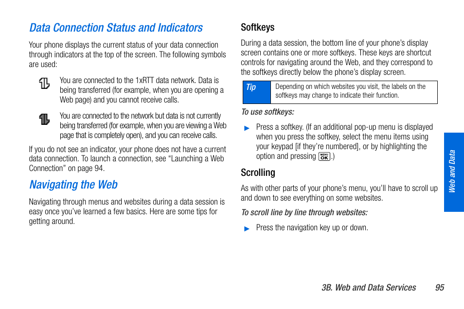Data connection status and indicators, Navigating the web | Sanyo MIRRO PLS-3810 User Manual | Page 105 / 126