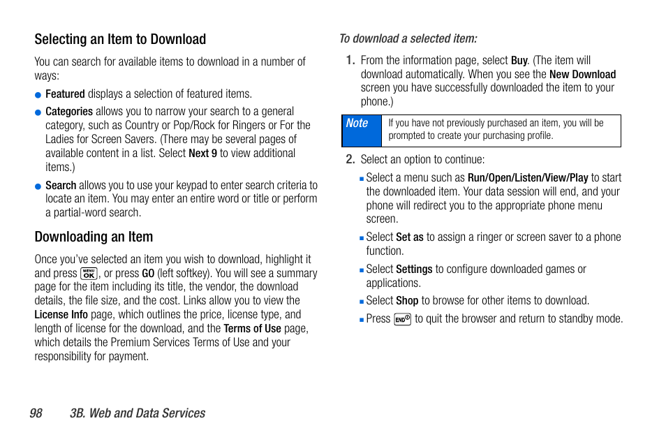 Selecting an item to download, Downloading an item | Sanyo MIRRO PLS-3810 User Manual | Page 108 / 126