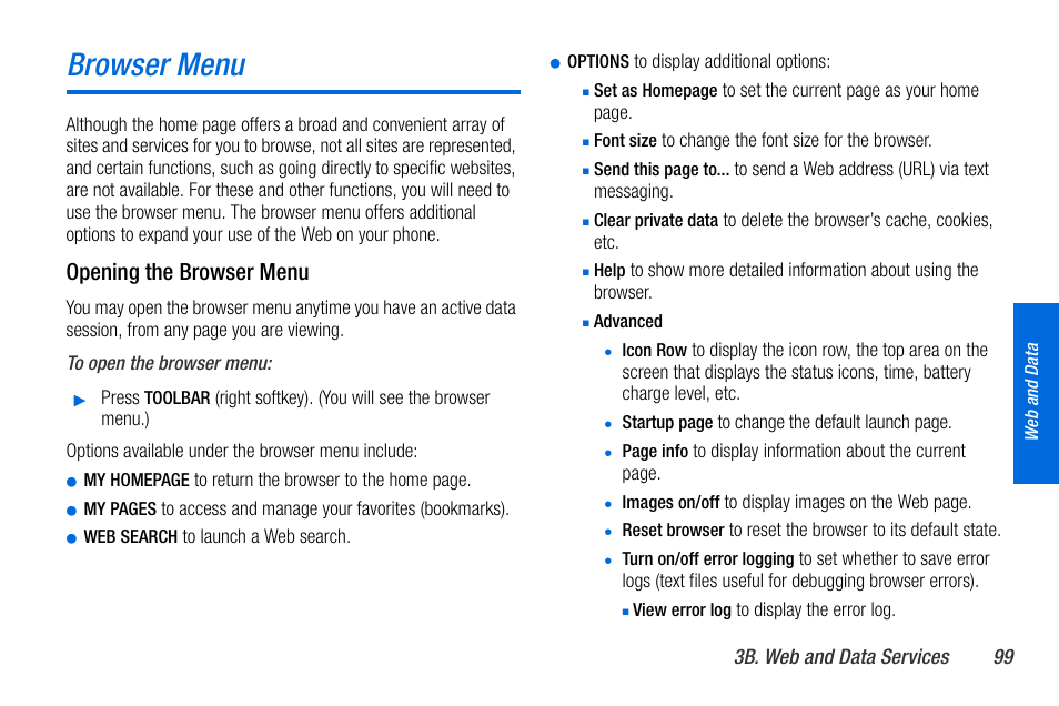 Browser menu, Opening the browser menu | Sanyo MIRRO PLS-3810 User Manual | Page 109 / 126