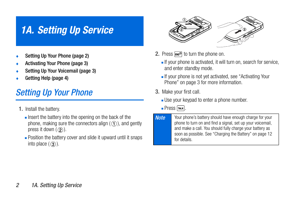 1a. setting up service, Setting up your phone | Sanyo MIRRO PLS-3810 User Manual | Page 12 / 126